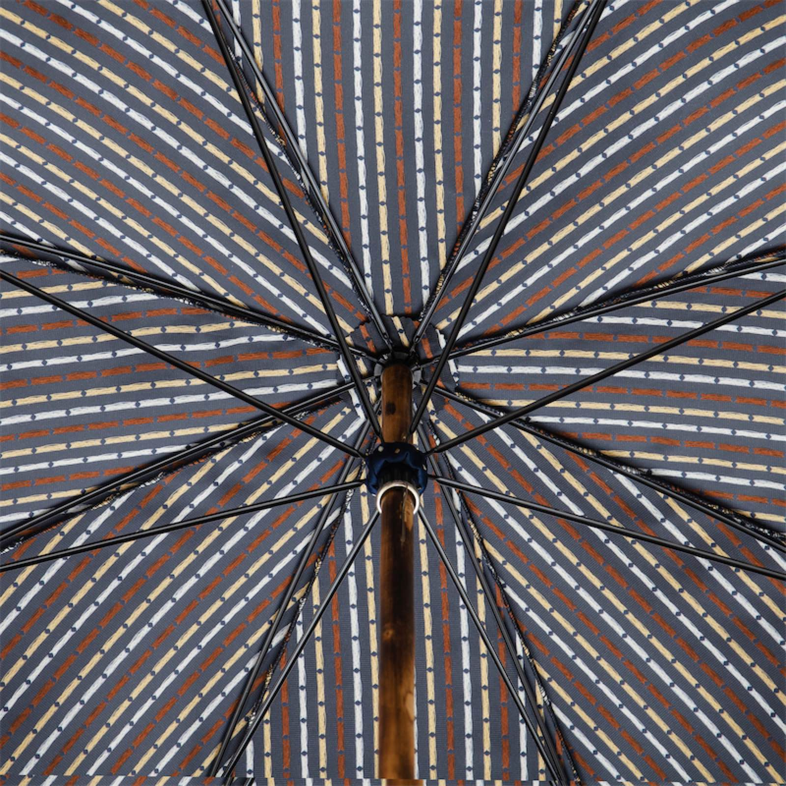 Interior view of umbrella with striped fabric in navy, rust, and beige and black metal ribs
