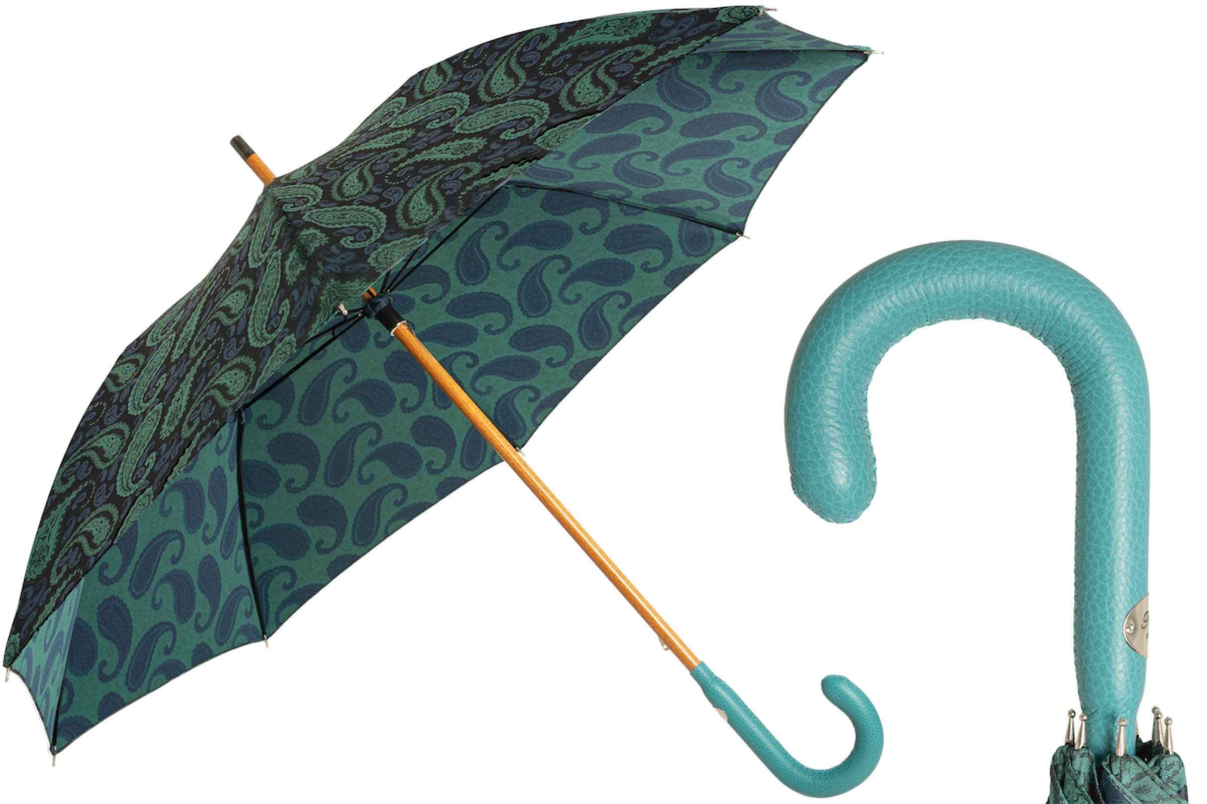 Luxury Turquoise Paisley Umbrella with Leather Handle