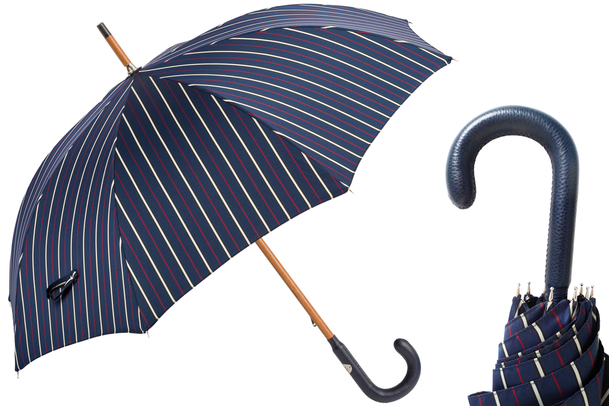Navy blue striped umbrella with wooden shaft and curved leather handle, shown open and closed