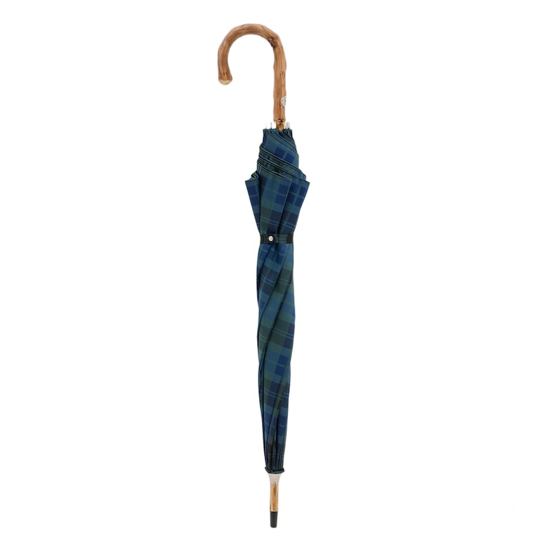 Blue Check Umbrella with One-Piece Wooden Handle – Handmade in Italy