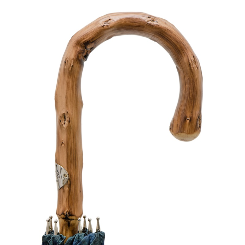 Blue Check Umbrella with One-Piece Wooden Handle – Handmade in Italy