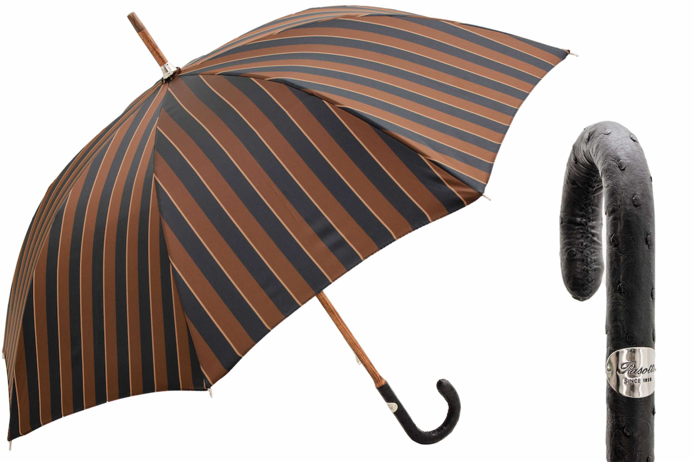 Large Striped Umbrella with Premium Ostrich Leather Handle