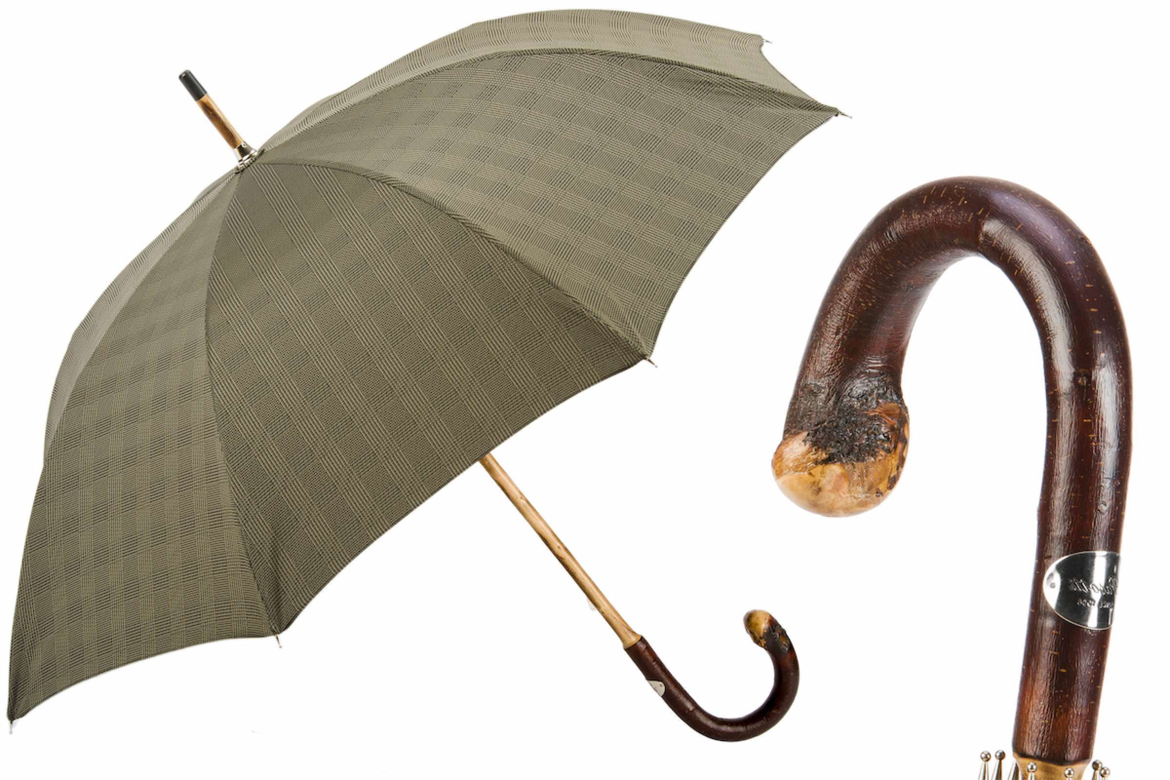 Classic beige checkered umbrella with wooden shaft and curved dark wooden handle