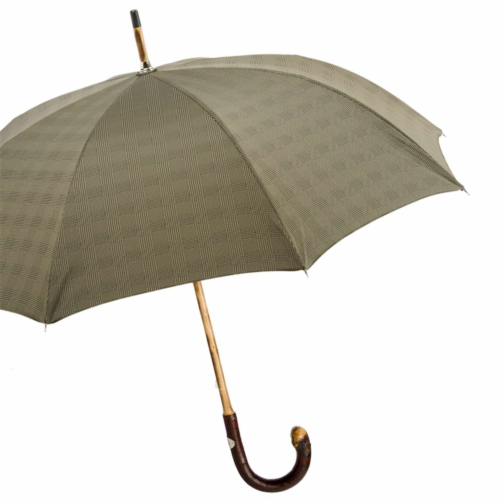 Classic men's umbrella with a patterned brown canopy and wooden curved handle