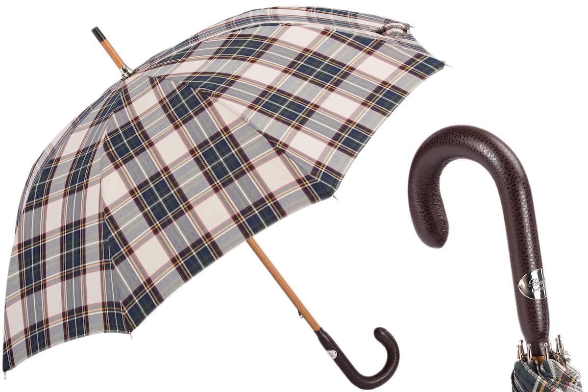 Classic plaid umbrella with wooden shaft and curved textured brown leather handle