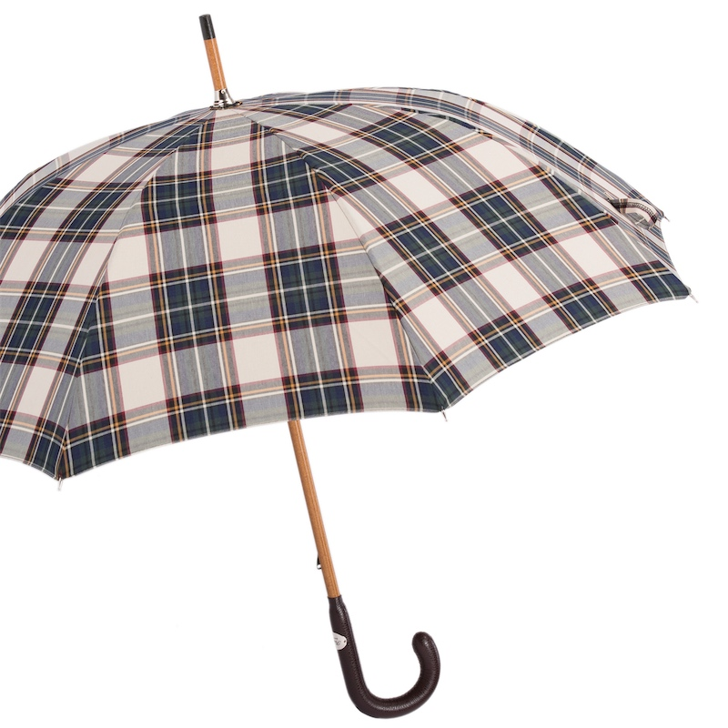 Classic umbrella with wooden handle and navy blue, white, and gray plaid pattern canopy