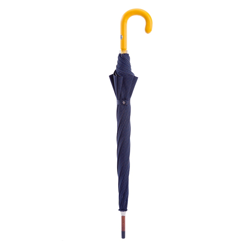Bespoke Navy Umbrella with Yellow Polka Dots and Leather Handle