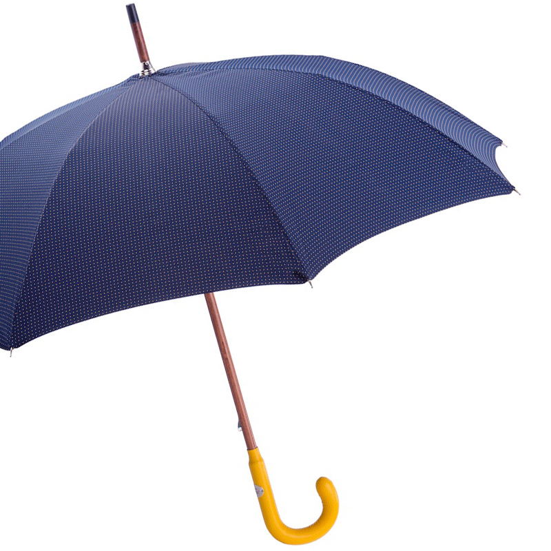 Bespoke Navy Umbrella with Yellow Polka Dots and Leather Handle