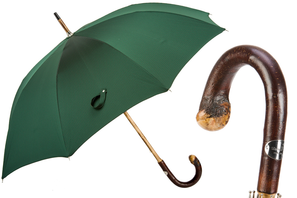 Dark Green Wooden Umbrella with Red Dots and Chestnut Handle