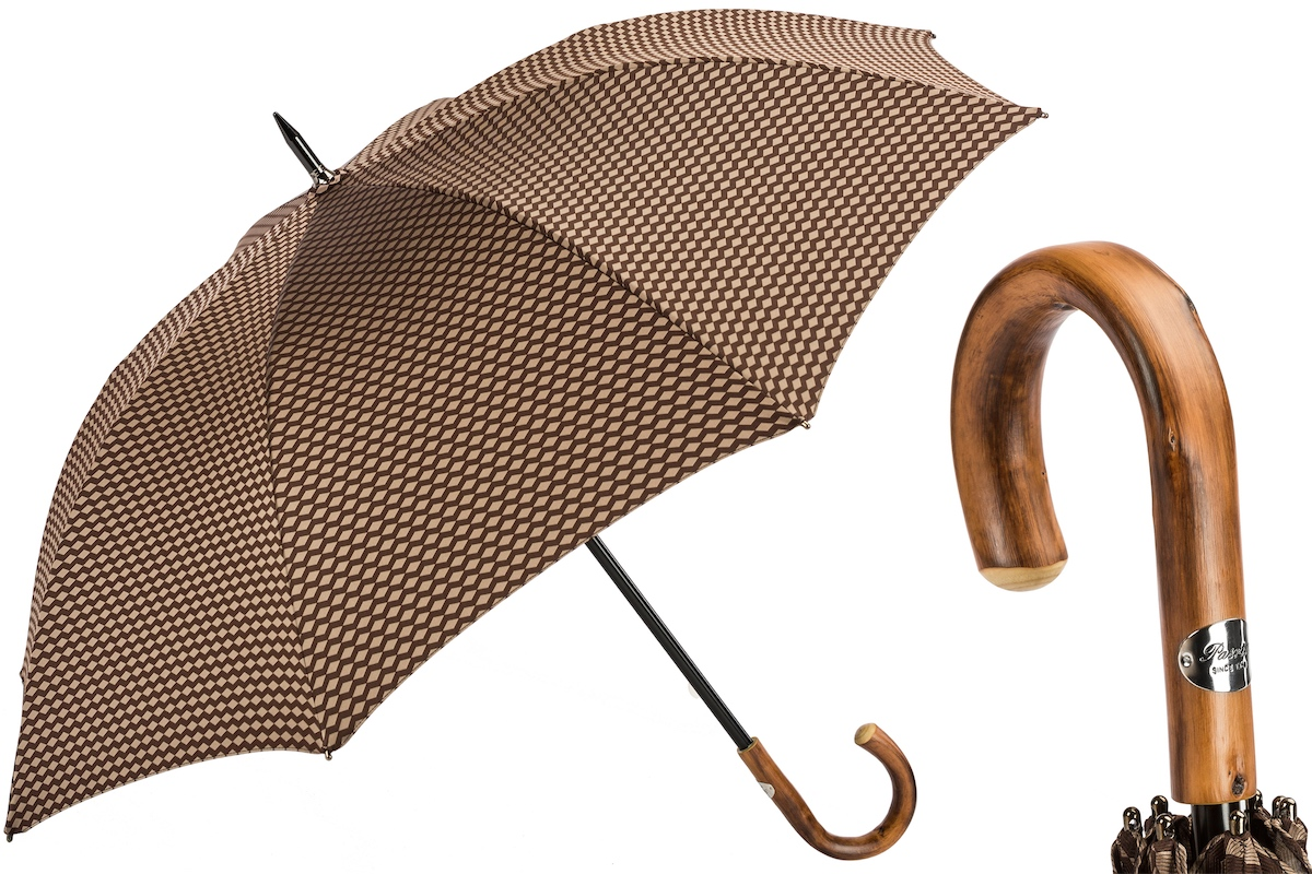 Geometric Jacquard Umbrella with Chestnut Handle, Handmade in Italy