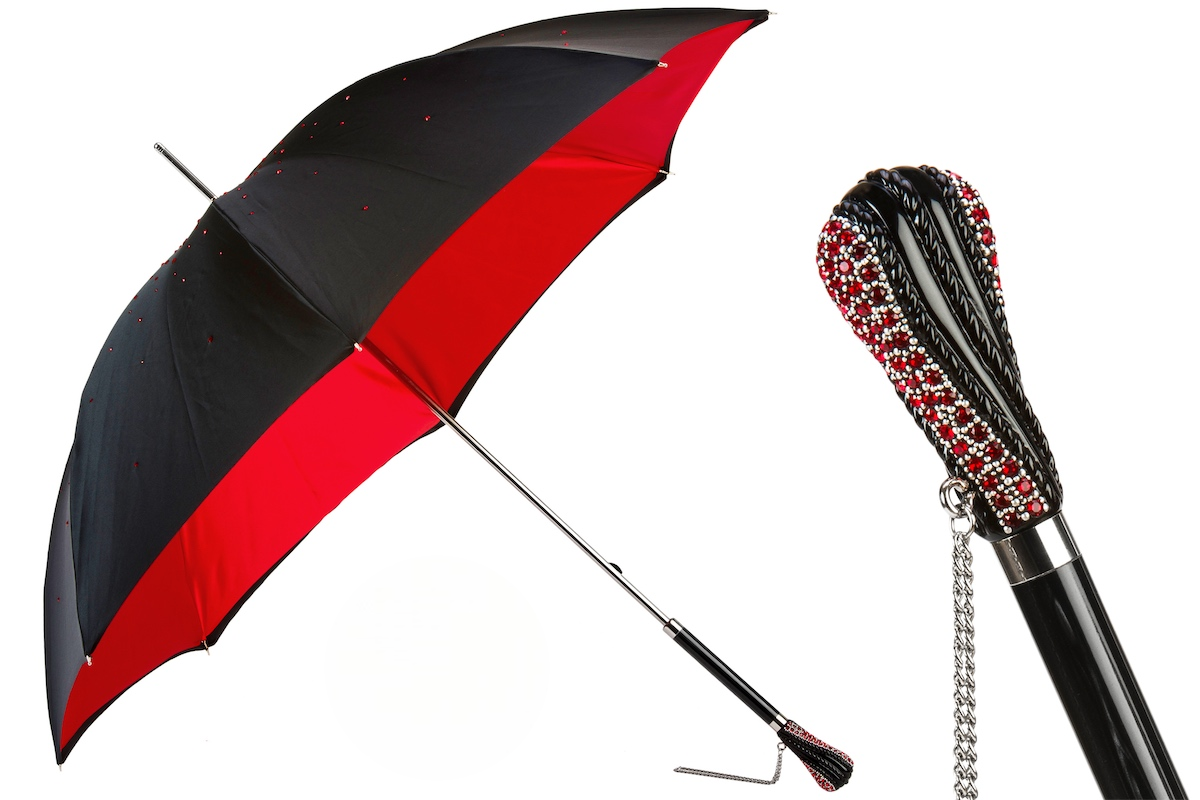 Black Swarovski Double Cloth Umbrella with Red Interior