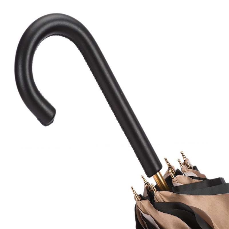 Ivory Double Cloth Umbrella with Striped Interior and Leather Handle