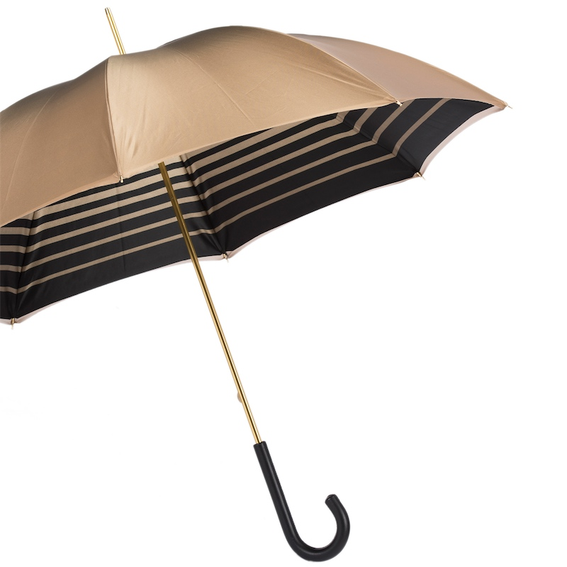 Ivory Double Cloth Umbrella with Striped Interior and Leather Handle