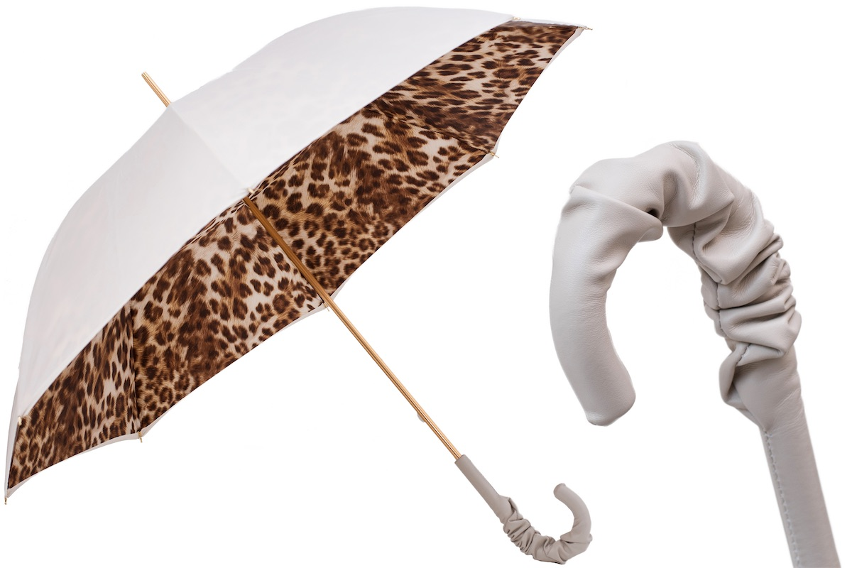 Leopard Print Umbrella with Ruched Leather Handle – Manual Opening