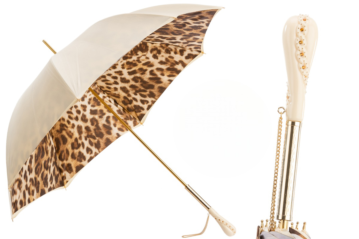 Creamy-White Leopard Print Umbrella with Swarovski Crystals