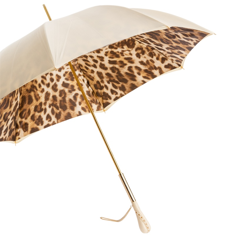 Creamy-White Leopard Print Umbrella with Swarovski Crystals