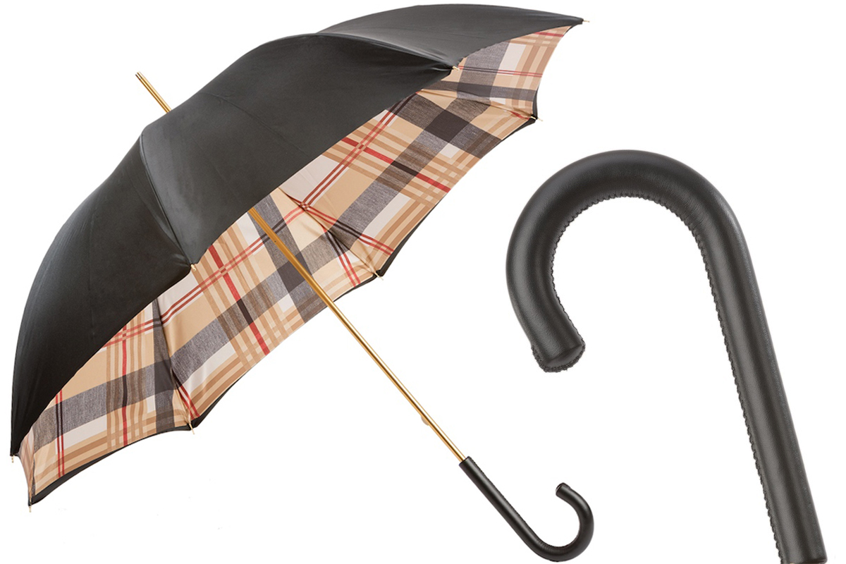 Black Double Cloth Umbrella with Tartan Lining and Leather Handle