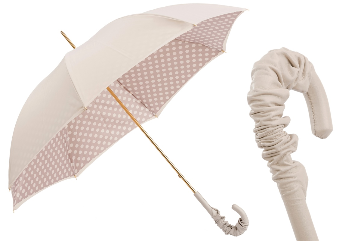 Leather Handle Ivory Manual Opening Umbrella with Dots, Double Cloth