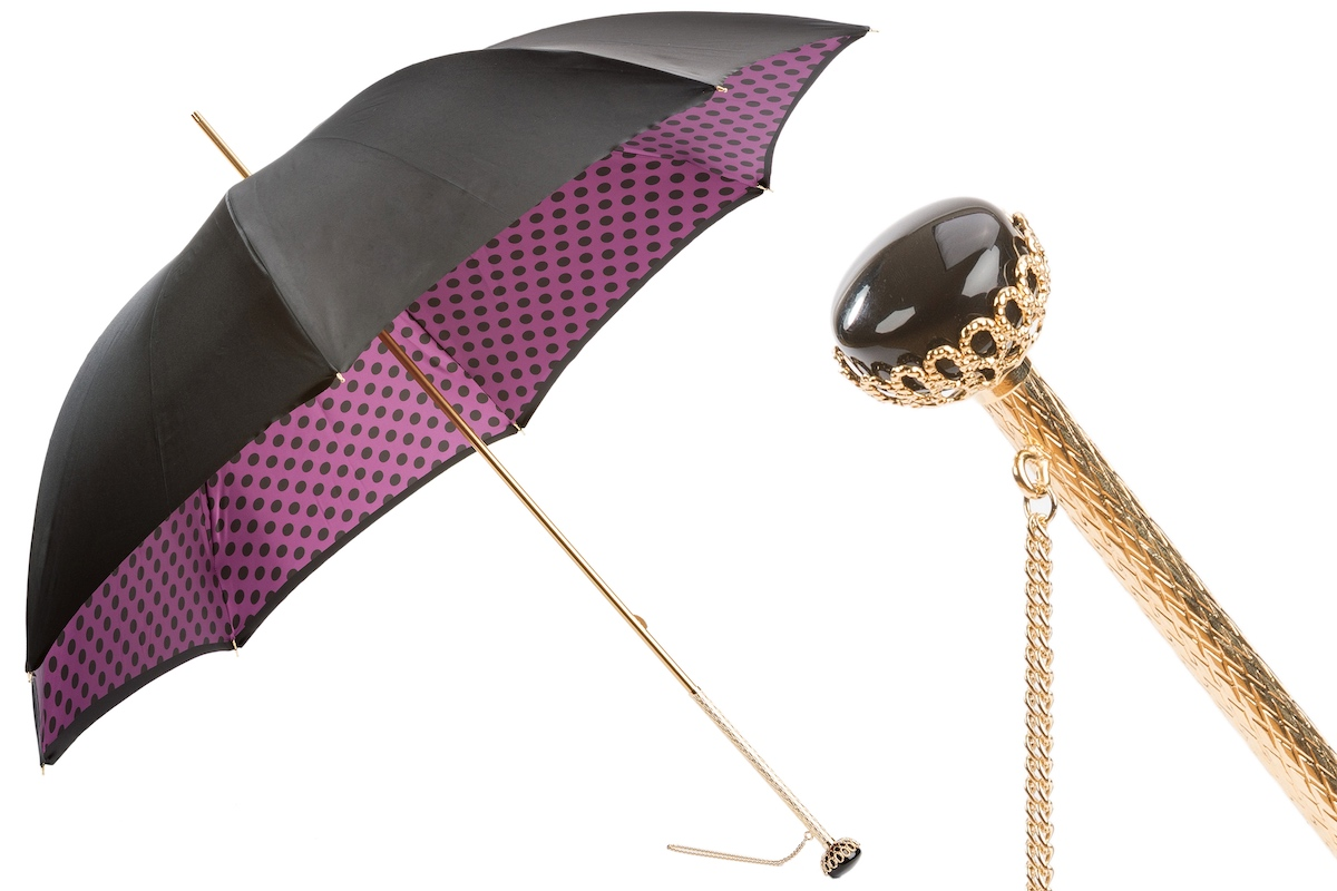 Black Umbrella with Purple Dots Interior – Jeweled Brass Handle
