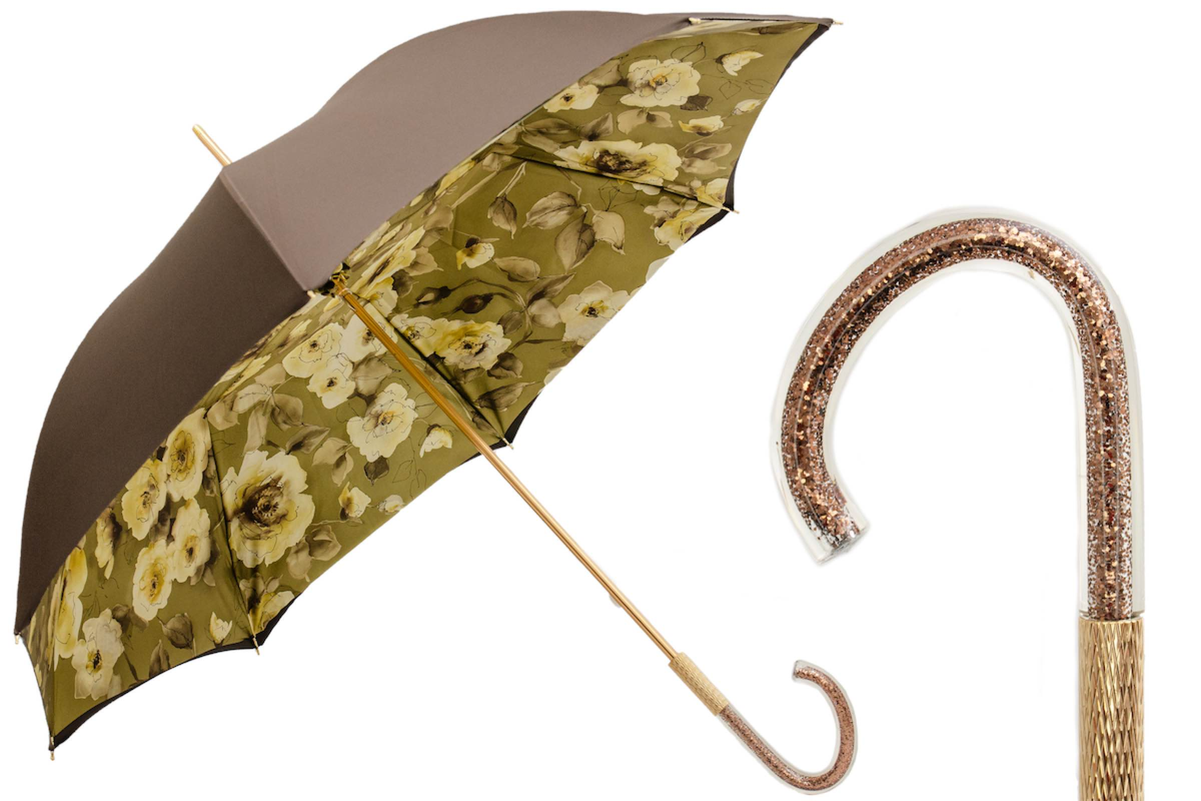 Khaki Umbrella with Flowers and Glitter – Handmade in Italy