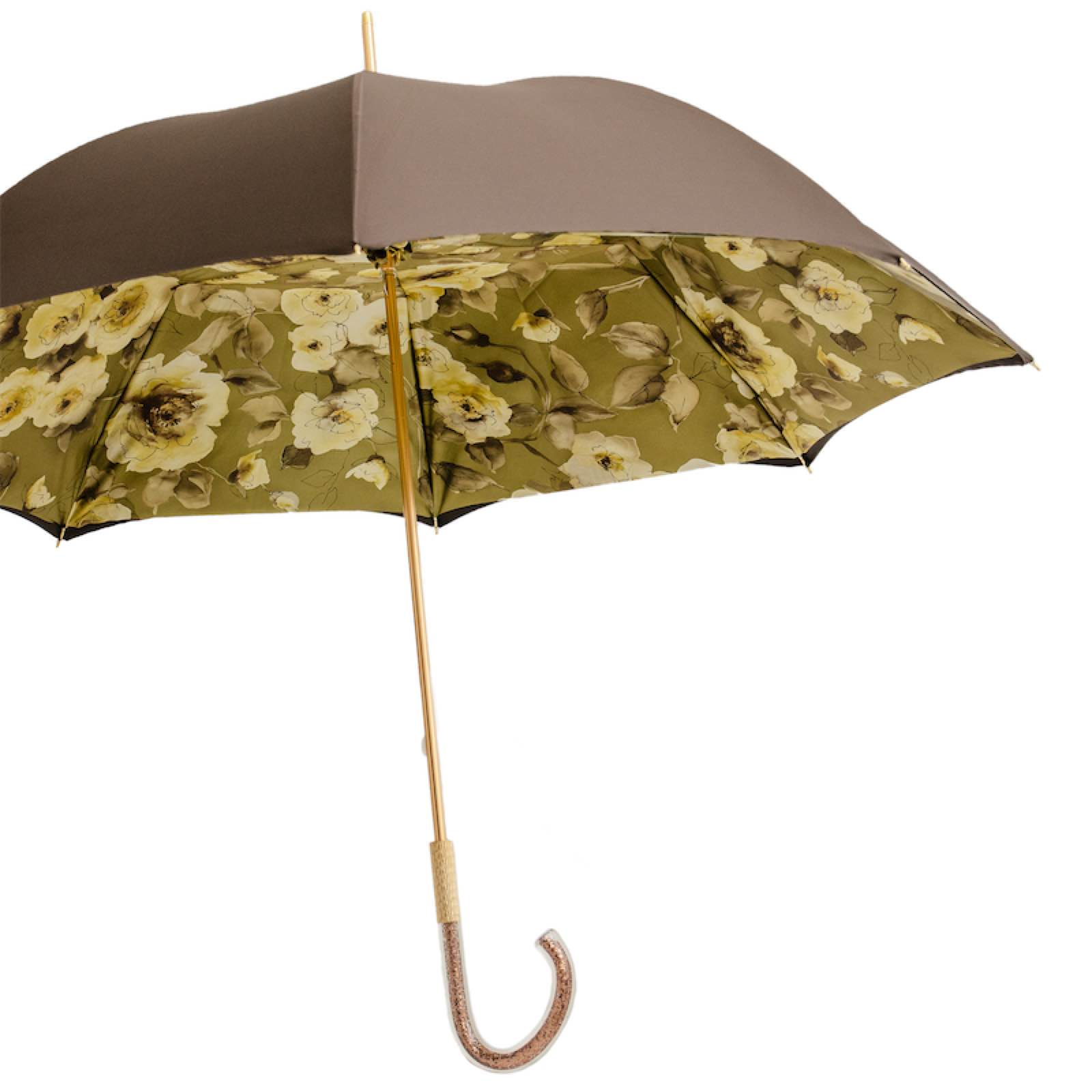 Khaki Umbrella with Flowers and Glitter – Handmade in Italy