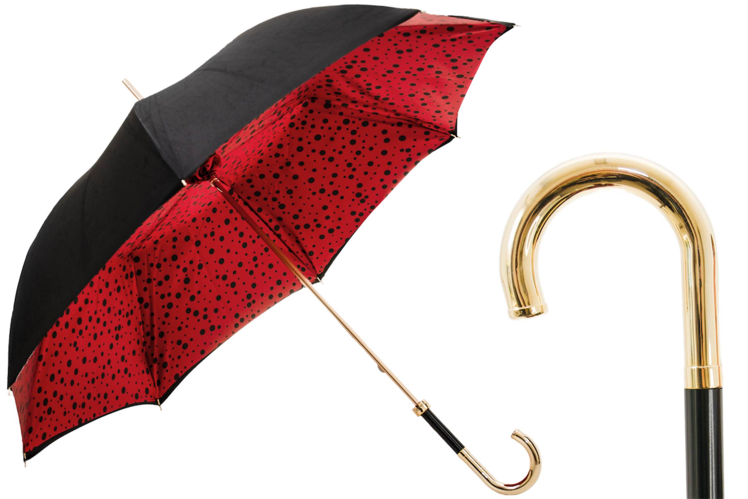 Classic Umbrella with Red Circles, Brass Handle, Handmade in Italy
