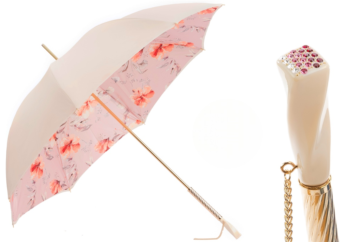 Ivory and Pink Flowered Umbrella – Swarovski Crystal Handle