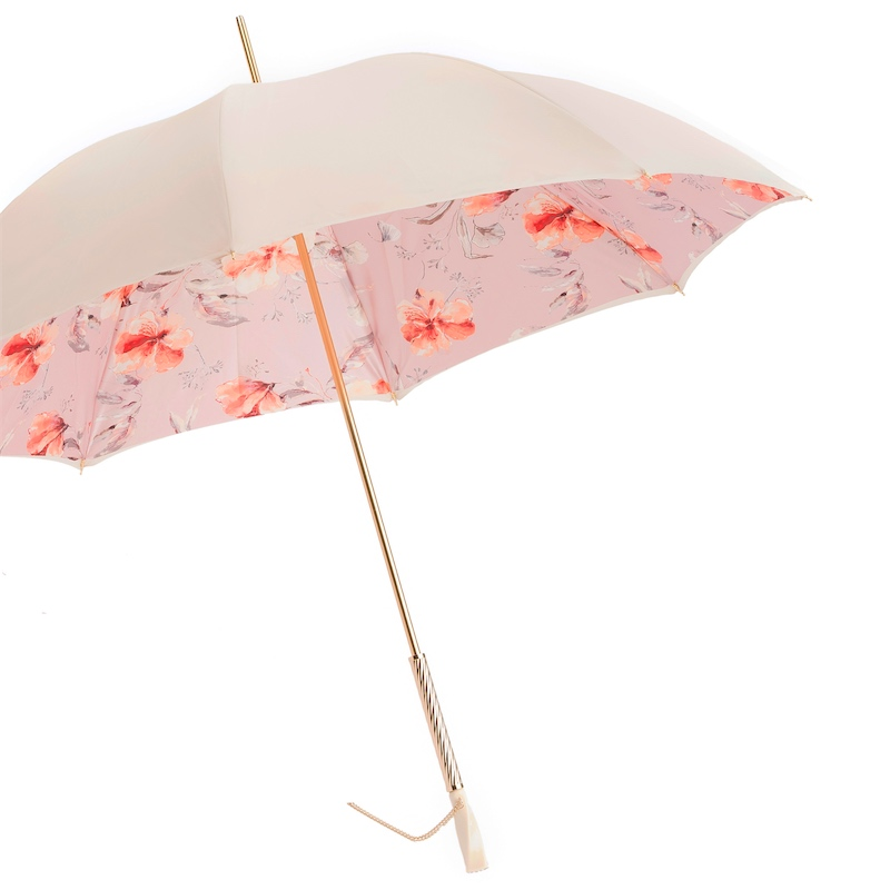 Ivory and Pink Flowered Umbrella – Swarovski Crystal Handle