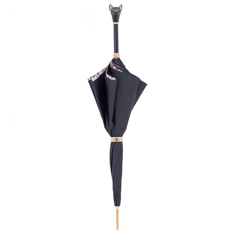 Black Cat Enameled Brass Handle Umbrella with Animalier Print