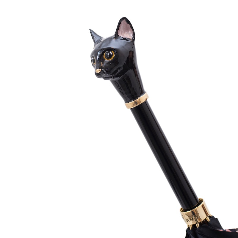 Black Cat Enameled Brass Handle Umbrella with Animalier Print