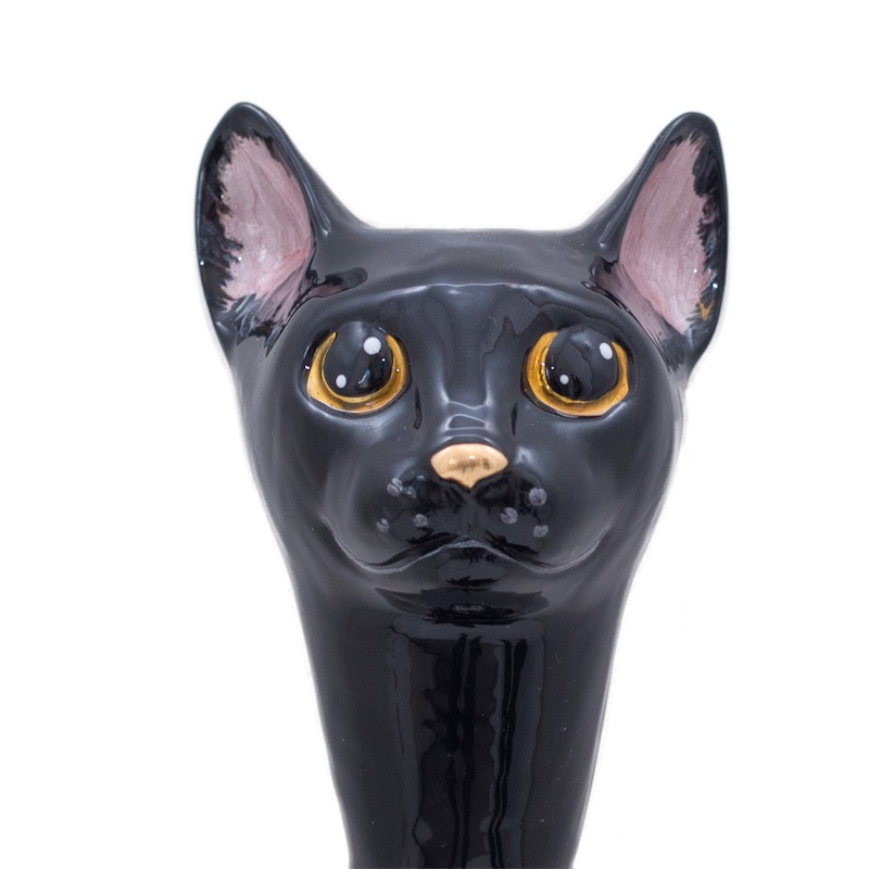 Black Cat Enameled Brass Handle Umbrella with Animalier Print