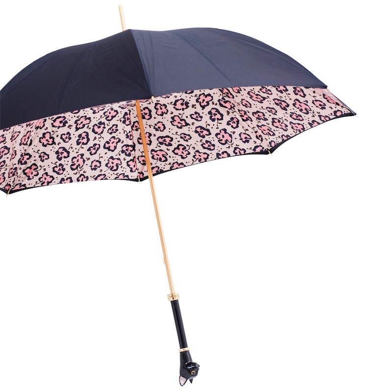 Black Cat Enameled Brass Handle Umbrella with Animalier Print