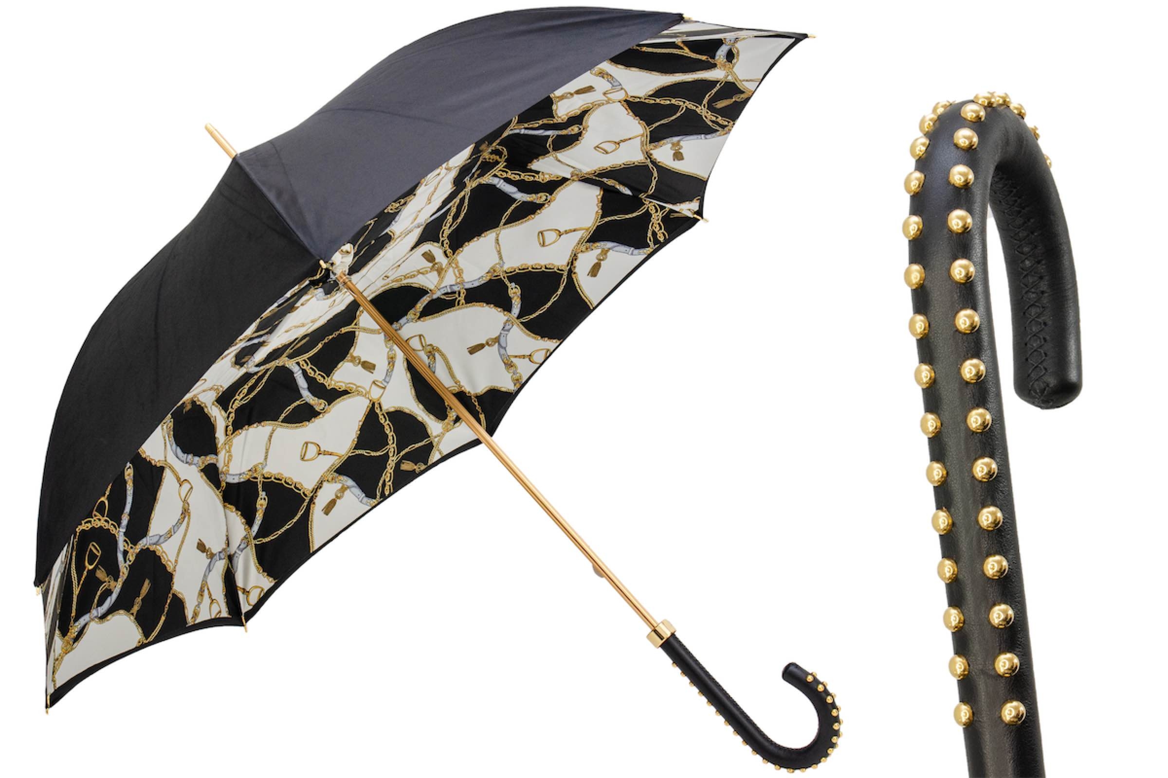 Black Double Cloth Umbrella with Bridles Print and Leather Handle