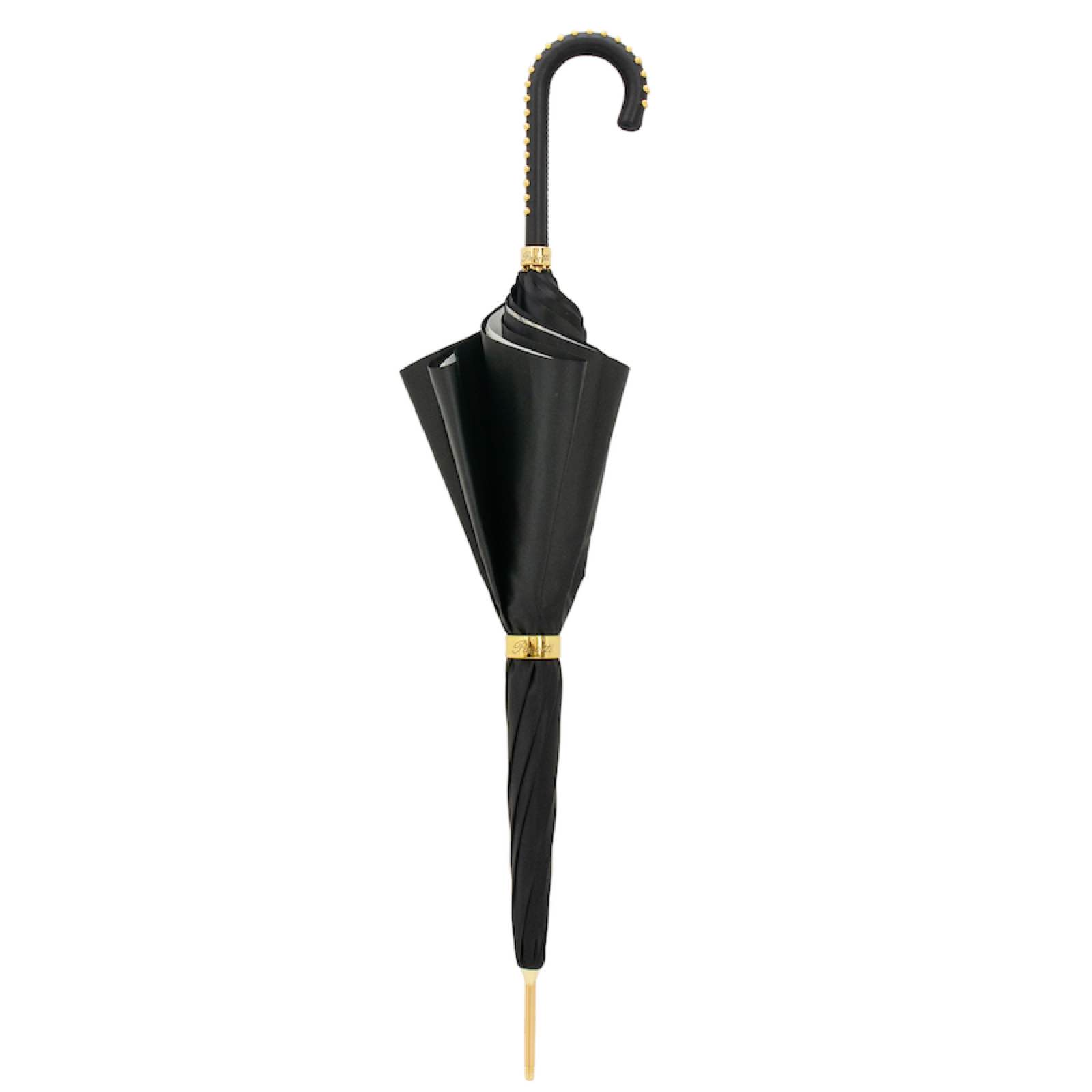 Black Double Cloth Umbrella with Bridles Print and Leather Handle