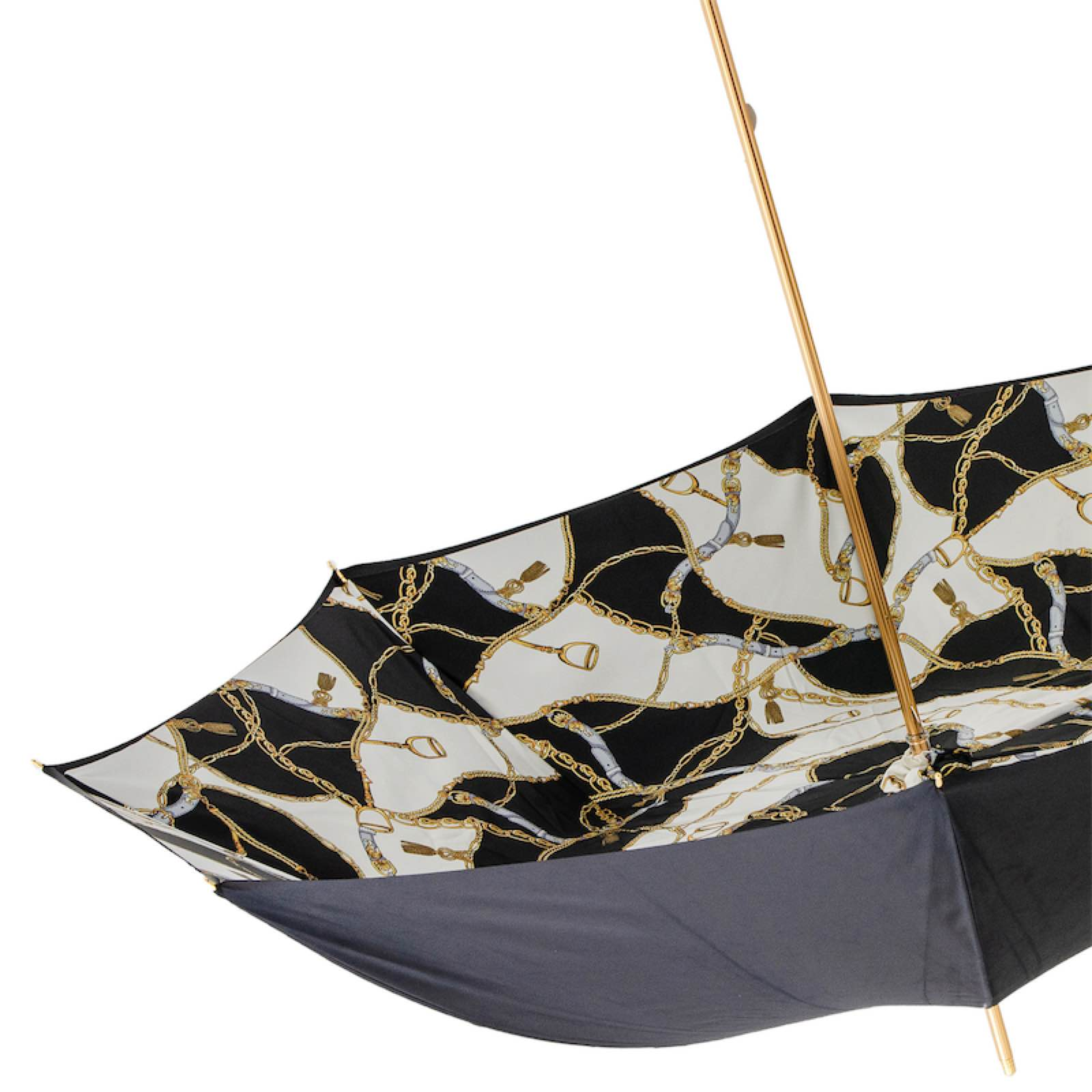 Black Double Cloth Umbrella with Bridles Print and Leather Handle