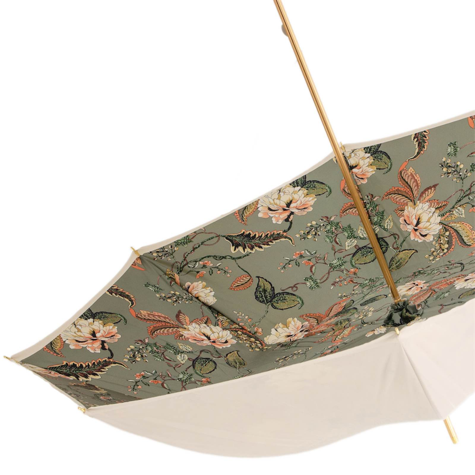 Open umbrella showing floral patterned fabric inside and plain beige exterior with wooden handle