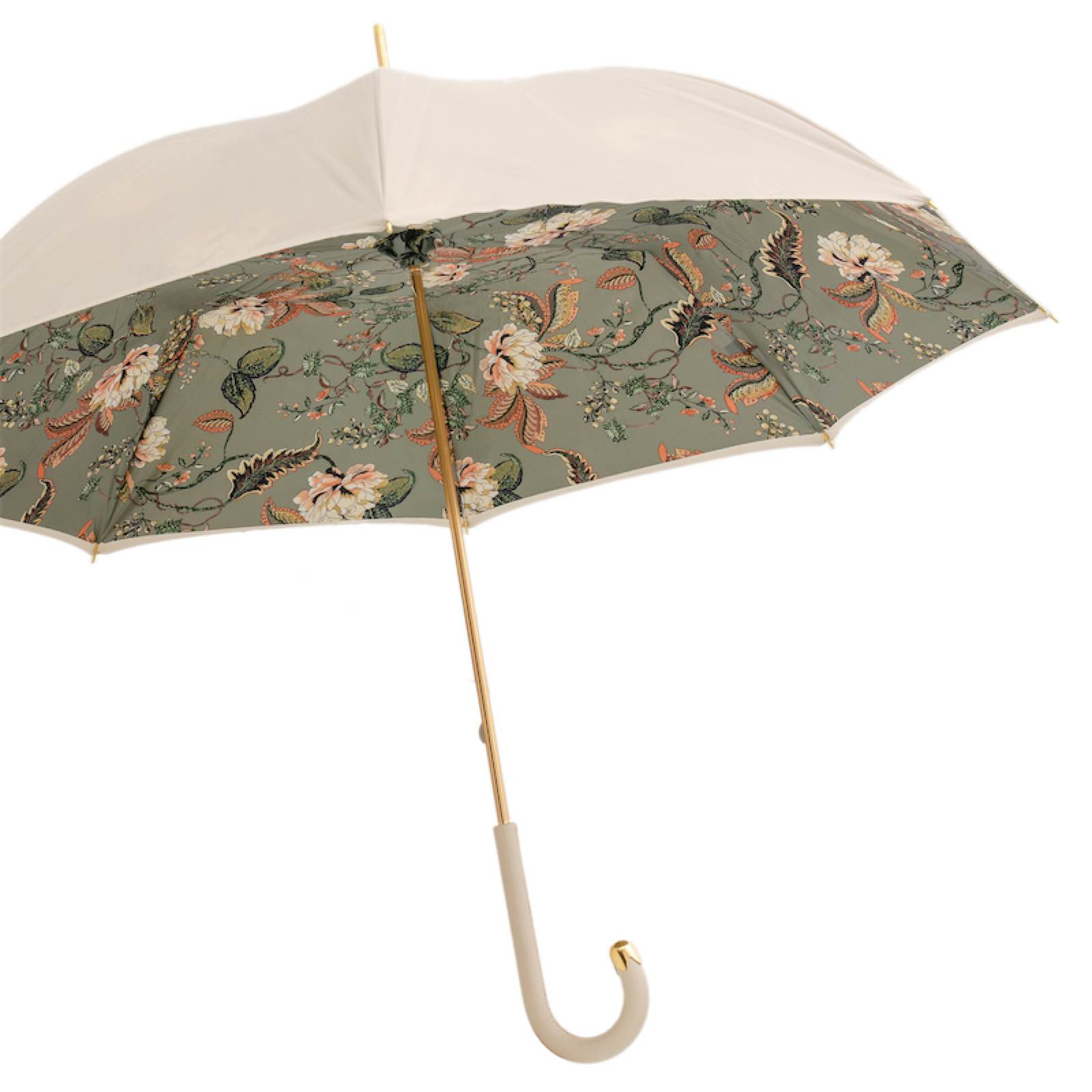 Elegant umbrella with cream exterior and floral patterned green interior, gold shaft, and curved handle