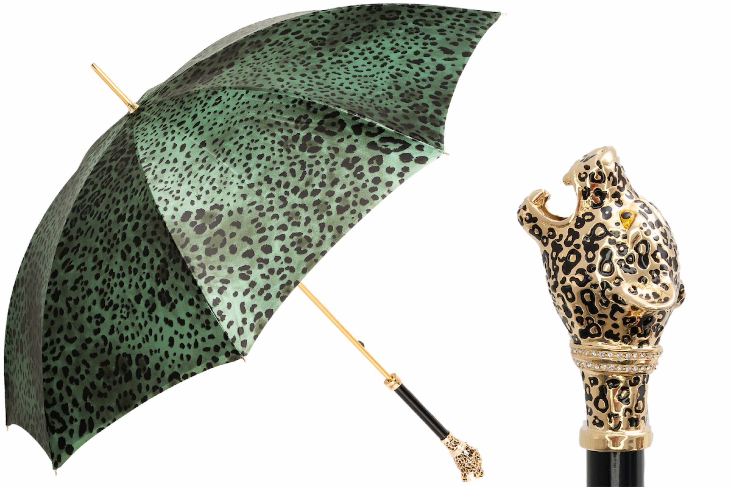 Green Leopardized Panther Umbrella with Enameled Brass Handle
