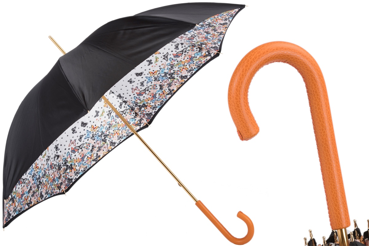 Butterfly Print Umbrella – Manual Opening with Orange Leather Handle