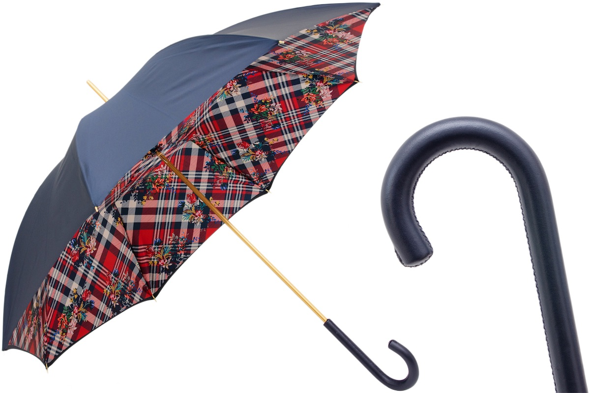 Leather Handle Classic Navy Umbrella with Stripes and Floral Motif