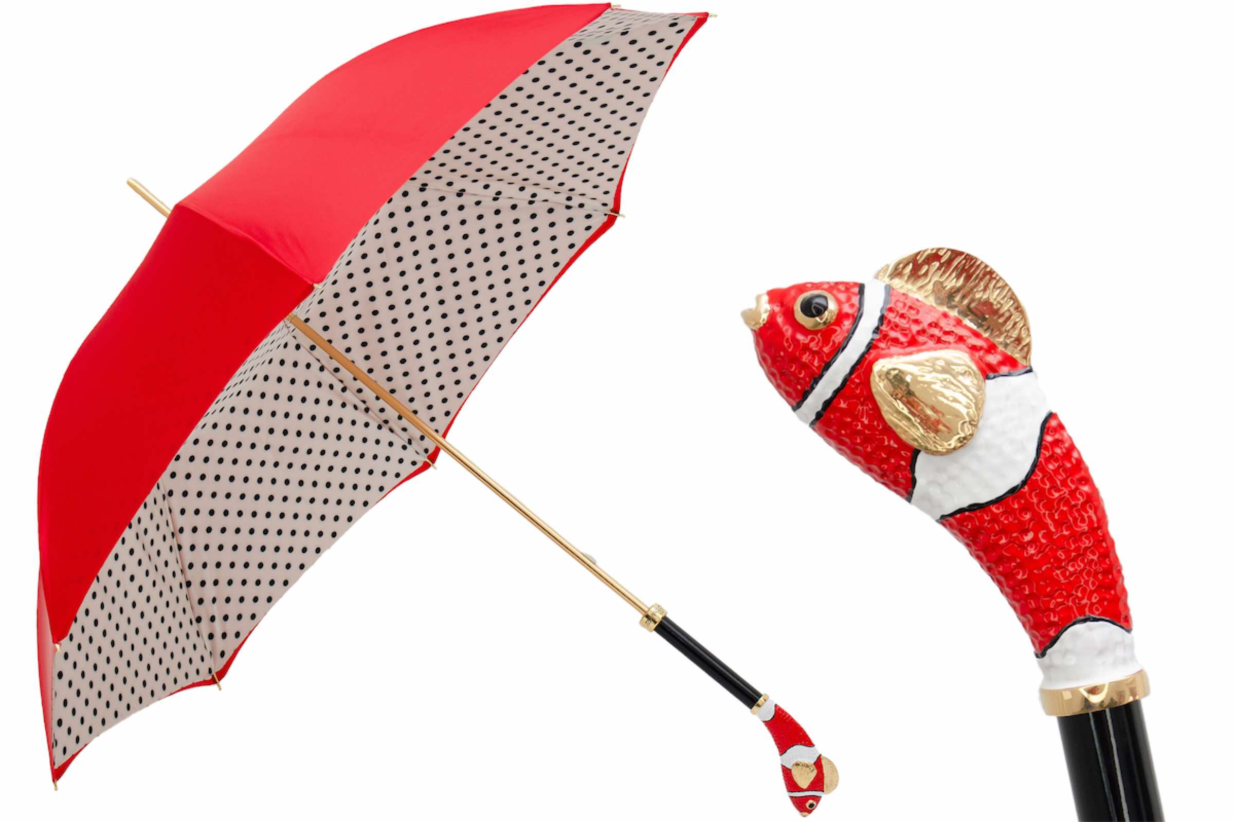 Red Fish Enameled Brass Handle Double Cloth Umbrella