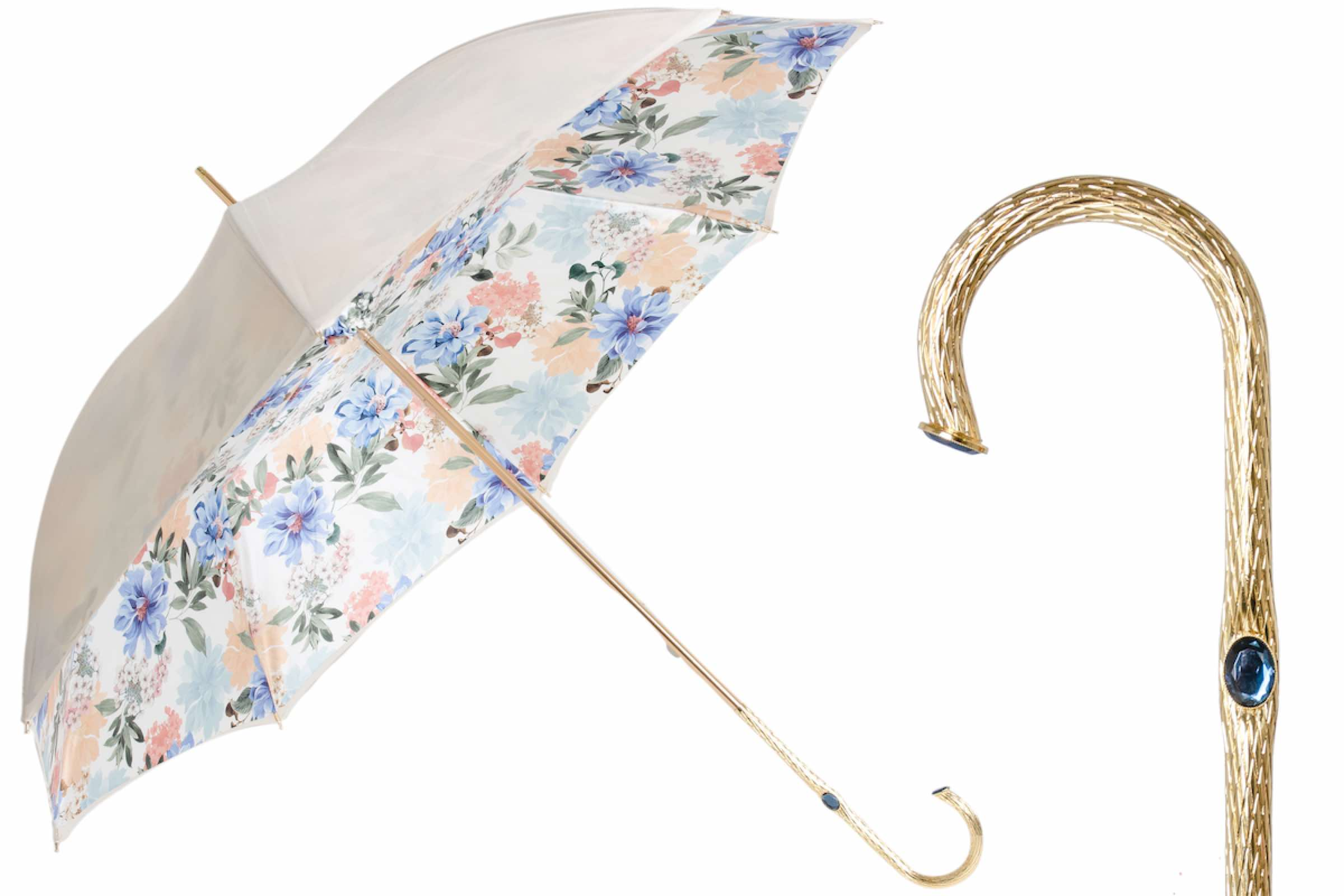 Parapluie Vintage Fleuri Avec Manche En Bois, état D'occasion