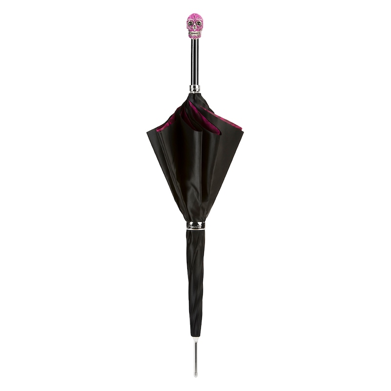 Fuchsia Roses Canopy Swarovski Skull Handle Umbrella