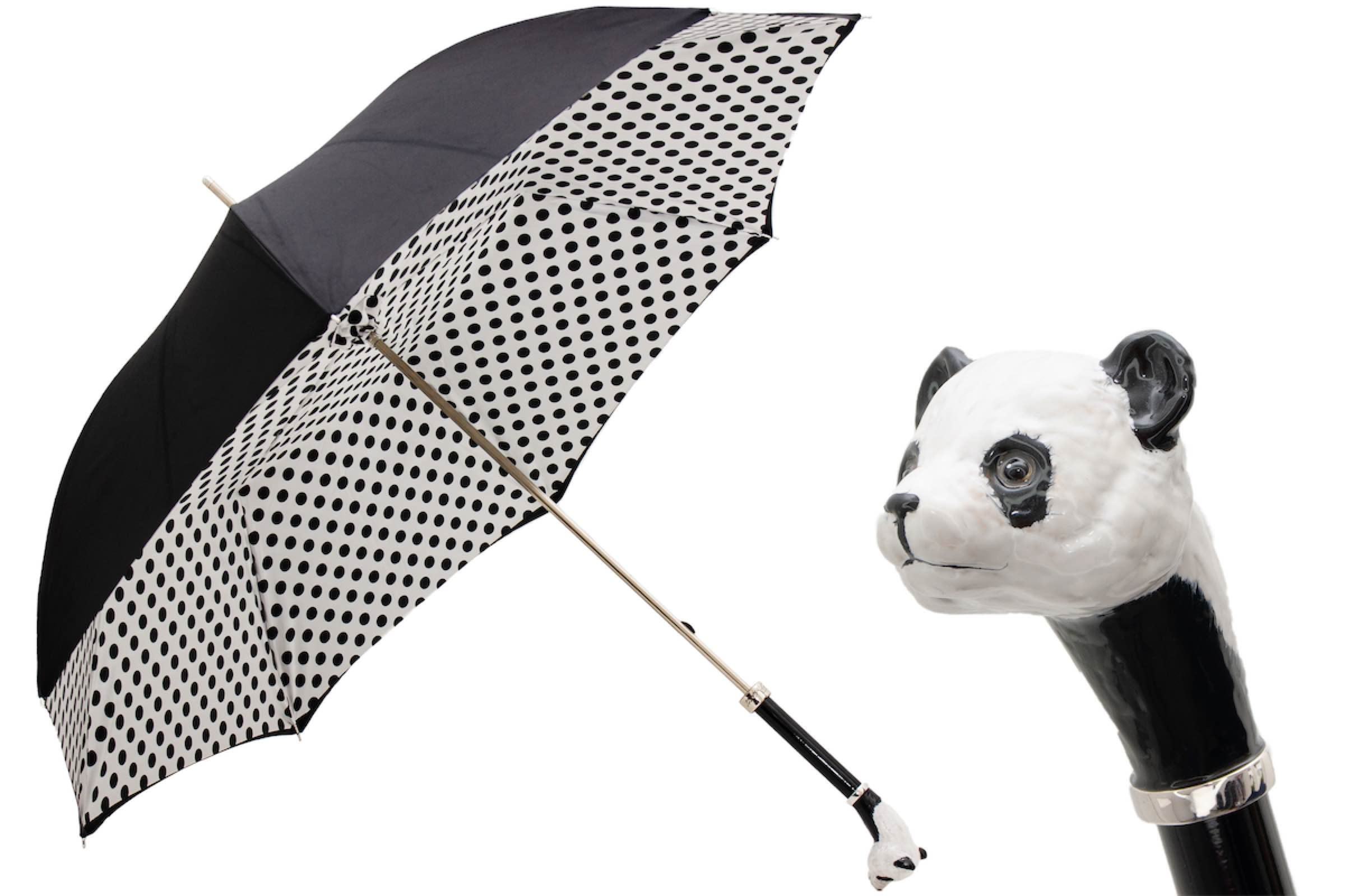 Panda Umbrella with Polka Dots – Manual Opening, Enameled Brass Handle