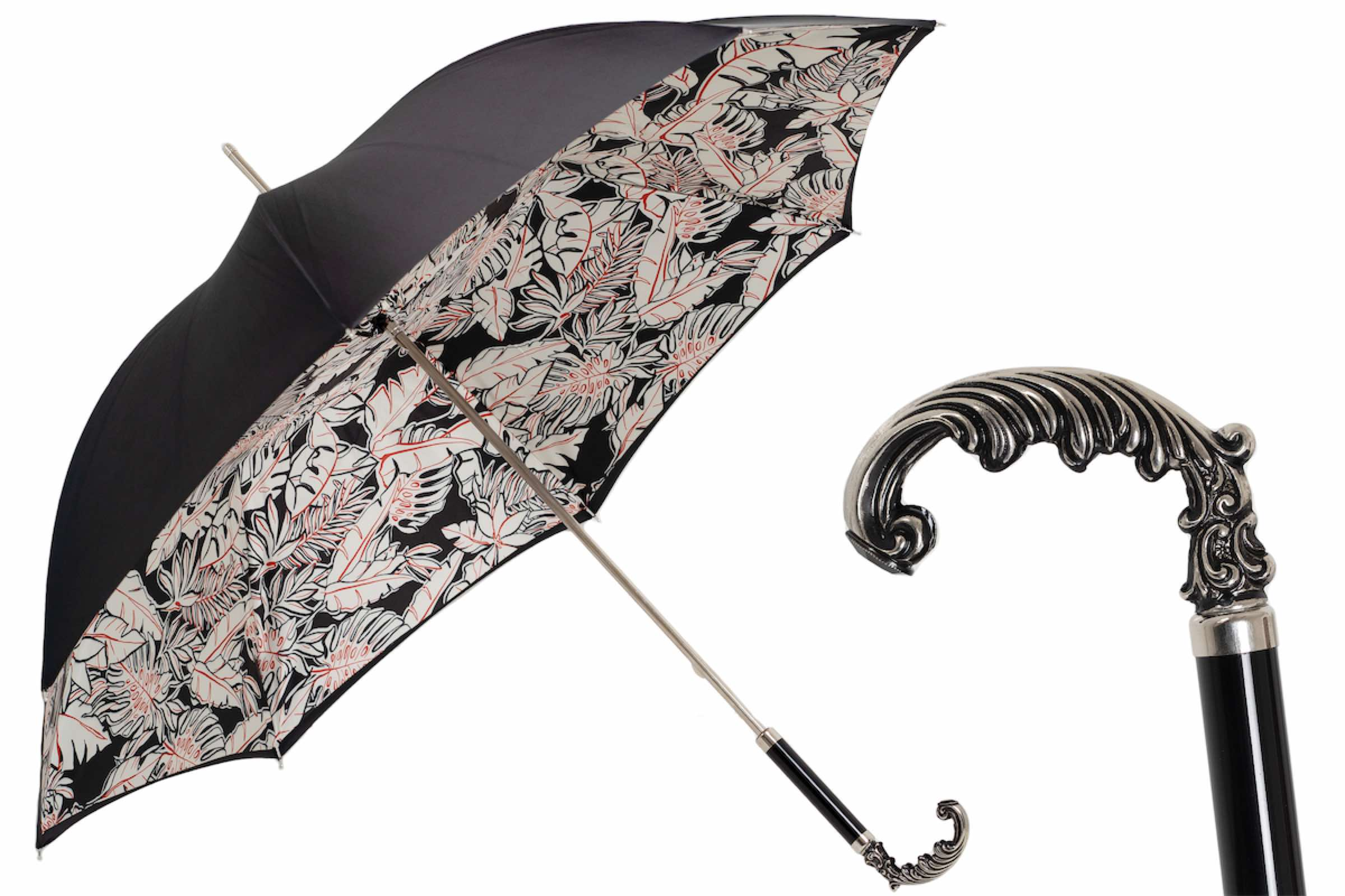 Elegant Brass Handle White Leaves Umbrella – Manual Opening