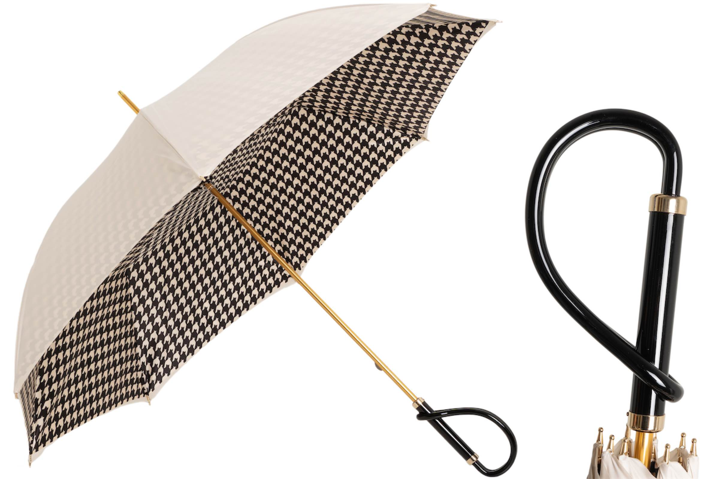 Elegant umbrella with white outer canopy and black-and-white houndstooth pattern inner canopy, gold shaft, and black curved handle