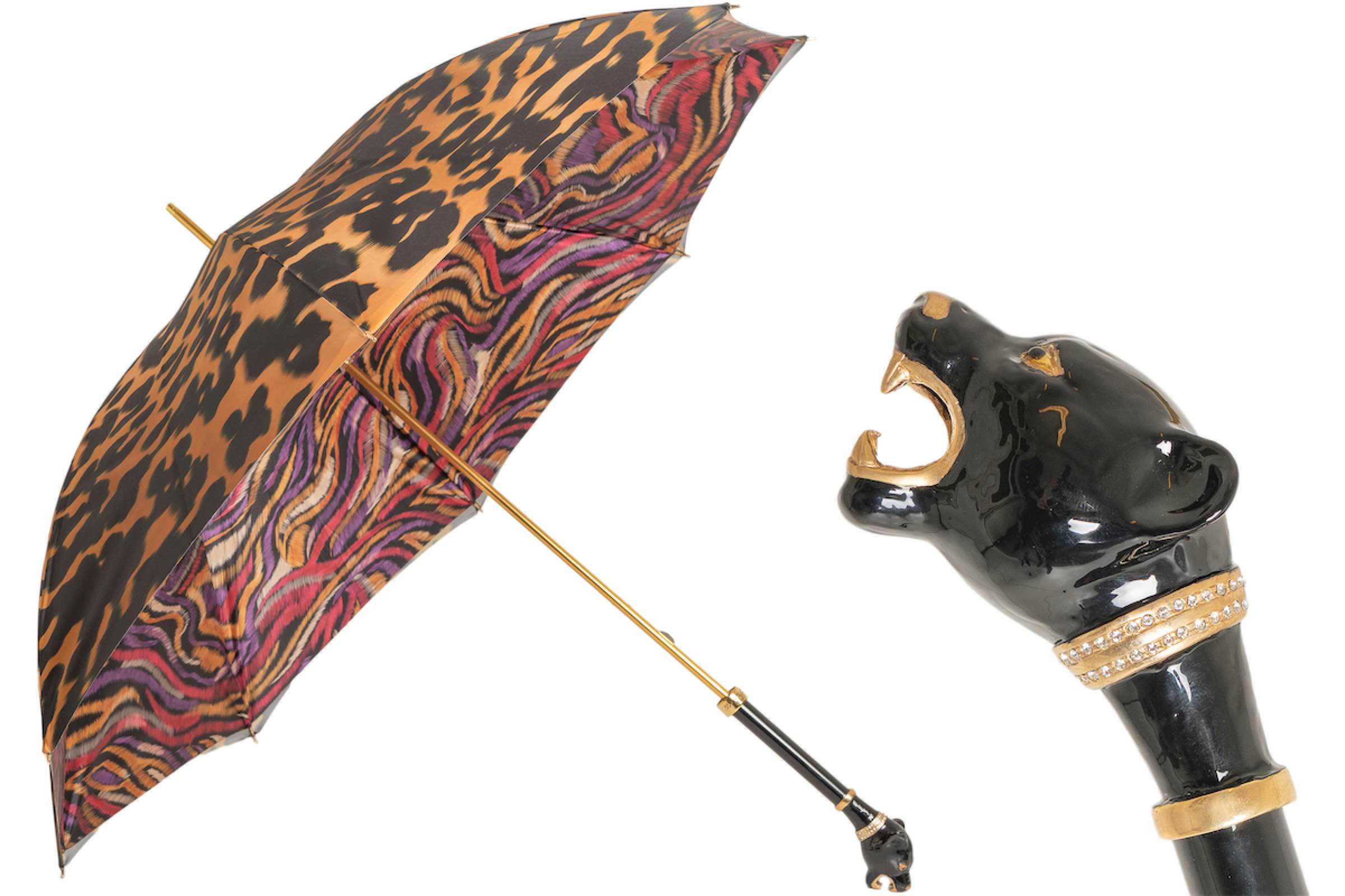 Luxury Multicolor Panther Umbrella with Enameled Brass Handle