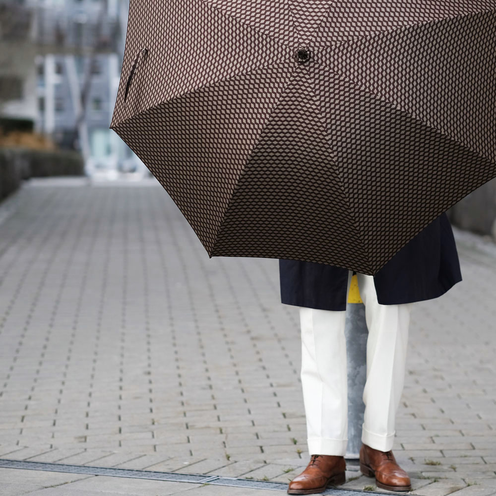 Geometric Jacquard Umbrella with Chestnut Handle, Handmade in Italy