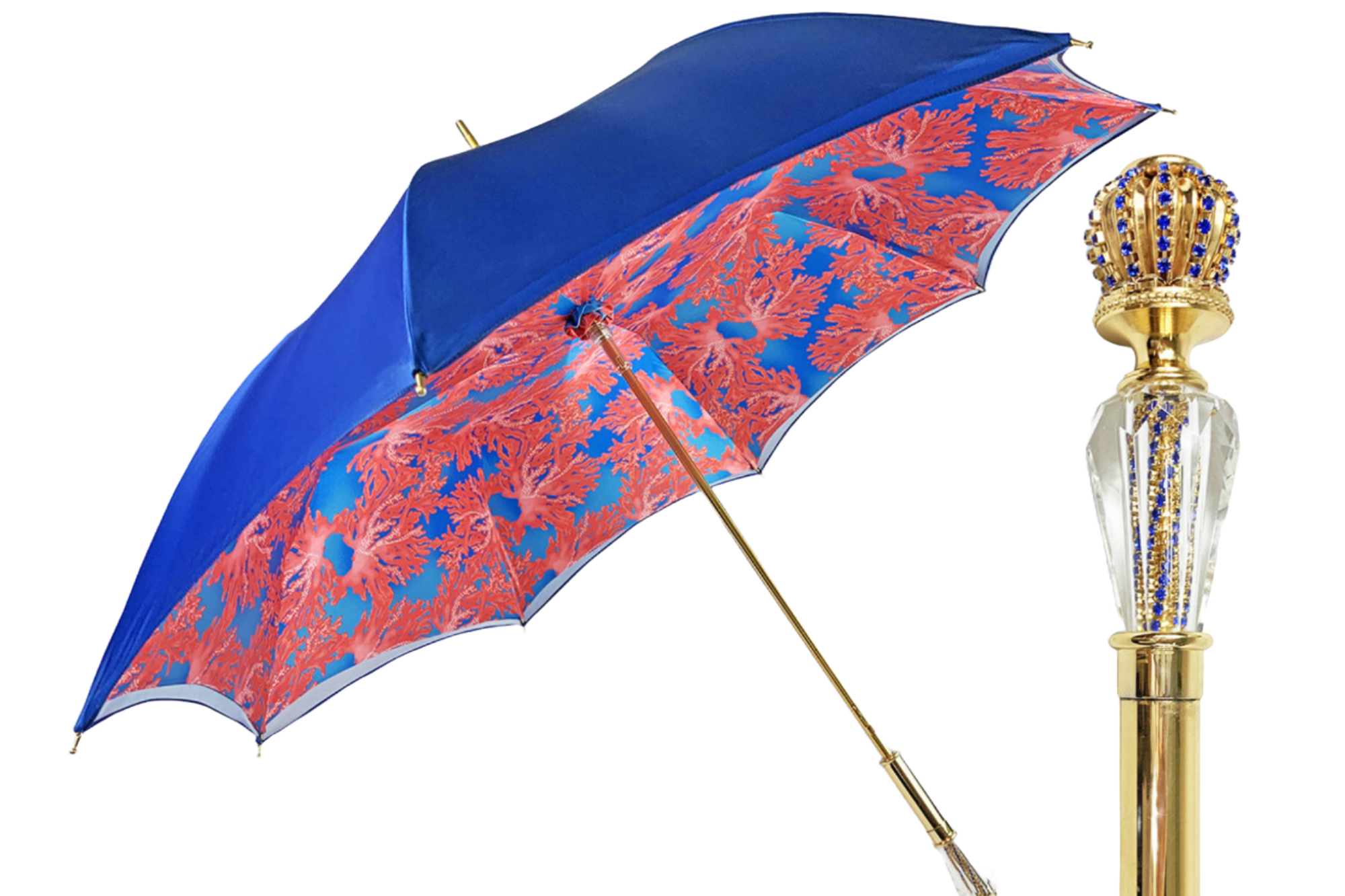 Luxury Blue Umbrella with Coral Interior and 24K Gold Crystal Handle