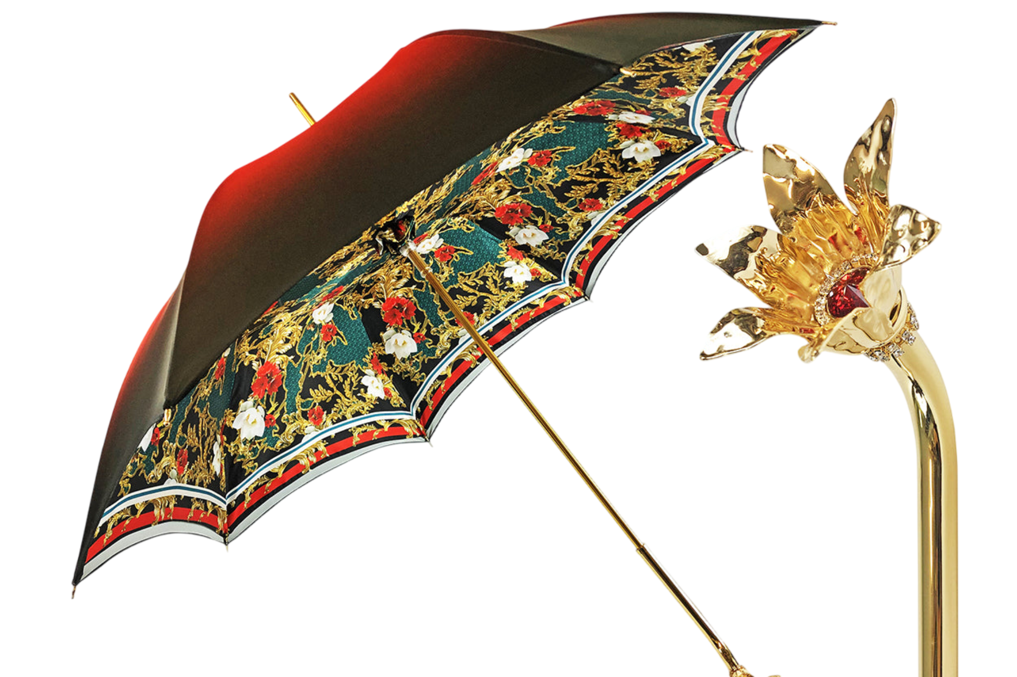 Marvelous Green and Red Umbrella with Gold-Plated Floral Handle